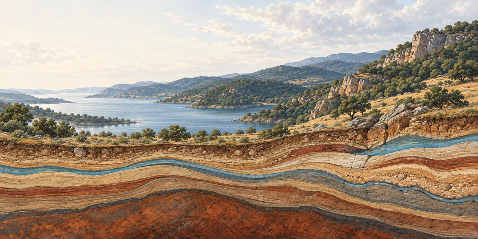 Ilustración de un paisaje ibérico y las capas de roca y agua bajo su superficie.